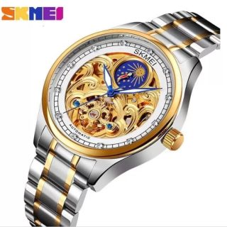 SKMEI M025 Men’s Two Tone Moon Phase Mechanical Rhinestone Luminous Stainless Steel Watch – Silver/Golden