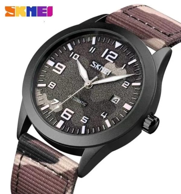 SKMEI 9246 Men’s Automatic Mechanical Hollow Dial Luminous Nylon Strap Date Display Watch – Camouflage Brown