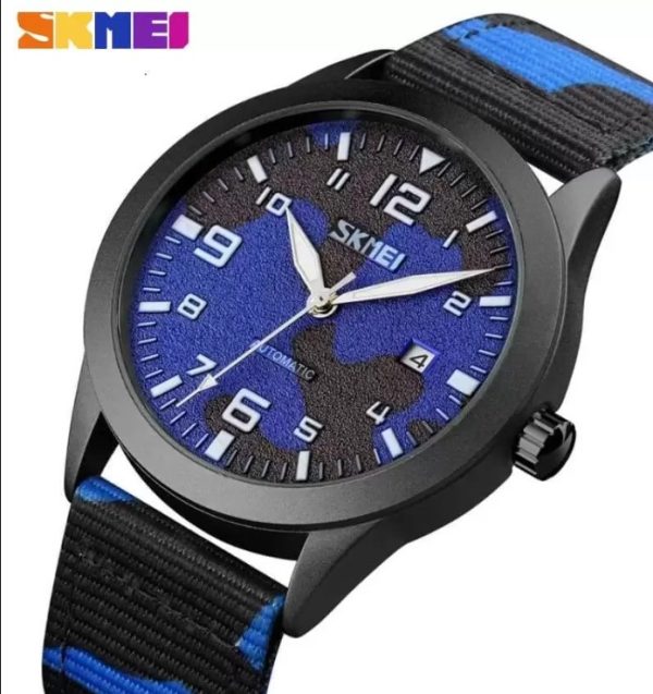 SKMEI 9246 Men’s Automatic Mechanical Hollow Dial Luminous Nylon Strap Date Display Watch – Camouflage Blue
