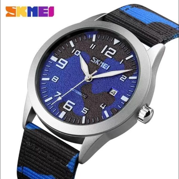 SKMEI 9246 Men’s Automatic Mechanical Hollow Dial Luminous Nylon Strap Date Display Watch – Camouflage Blue/Silver