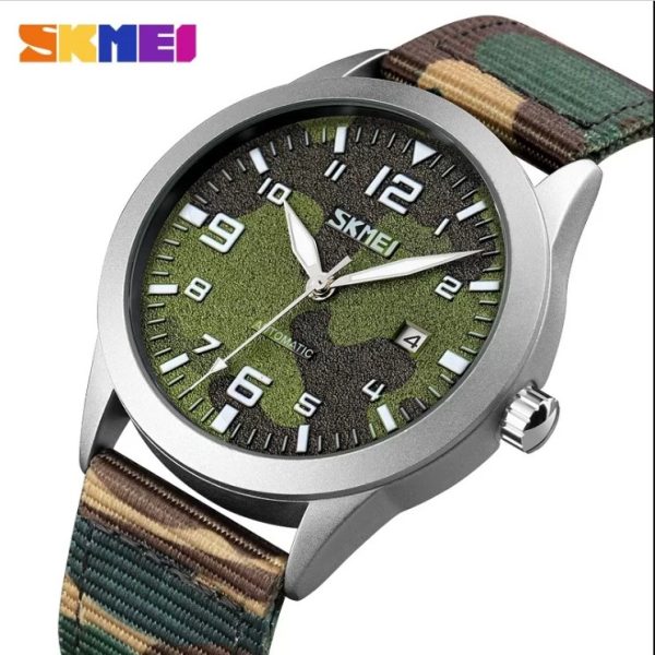 SKMEI 9246 Men’s Automatic Mechanical Hollow Dial Luminous Nylon Strap Date Display Watch – Camouflage Green/Silver