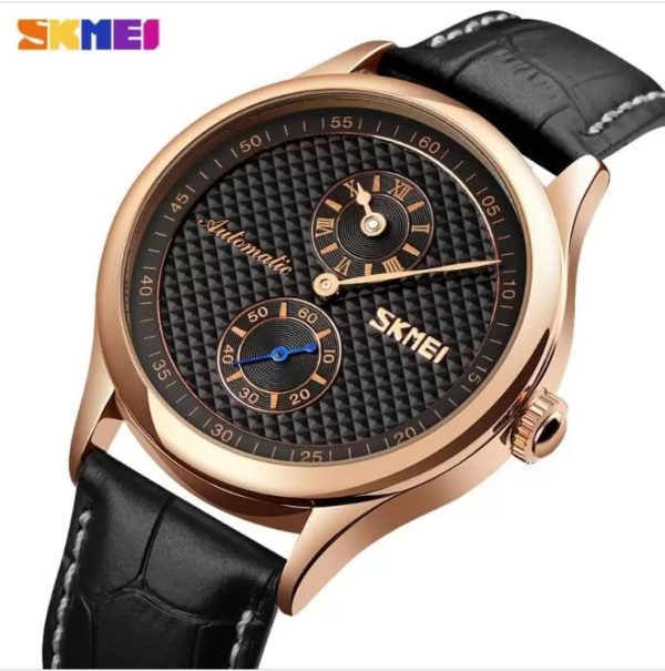 SKMEI 9238 Automatic Mechanical Business Chronograph Leather Strap Watch For Men – Black/RoseGold