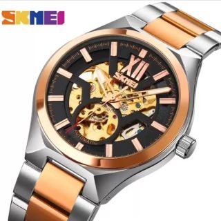 Skmei 9258 Fashion Mechanical Hollow Dial Luxury Stainless Steel Automatic Luminous Watch -Black/Gold