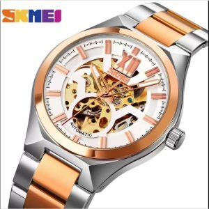 Skmei 9258 Fashion Mechanical Hollow Dial Luxury Stainless Steel Automatic Luminous Watch -White/Gold