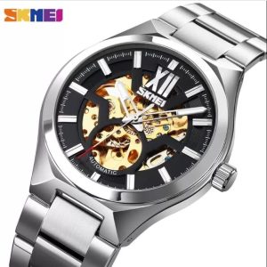 Skmei 9258 Fashion Mechanical Hollow Dial Luxury Stainless Steel Automatic Luminous Watch -Black/Silver