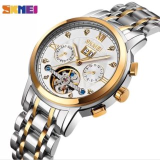 Skmei M029 Men’s Mechanical Creative Dial Automatic Day Date Display Luminous Stainless Steel Watch -White/Gold