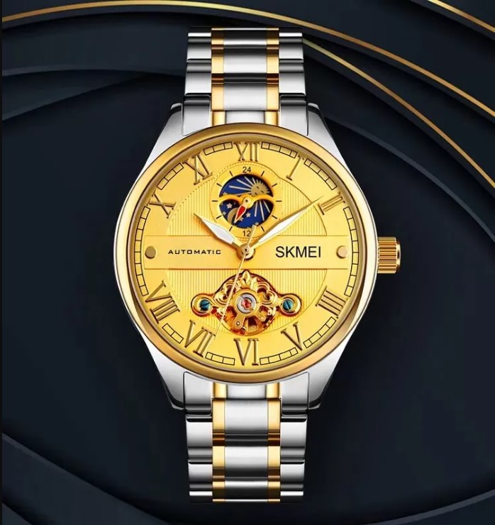 SKMEI M024 Fashionable Automatic Moon Phase Mechanical Roman Numeric Index Luminous Stainless Steel Men’s Watch – Gold/ Silver