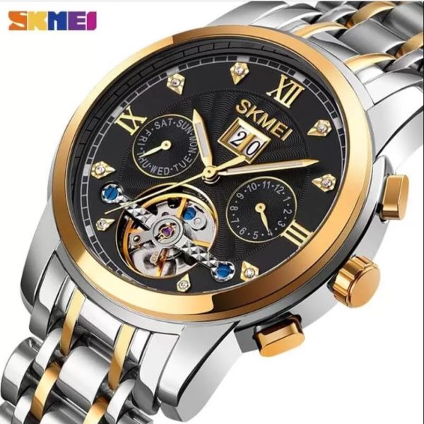 Skmei M029 Men’s Mechanical Creative Dial Automatic Day Date Display Luminous Stainless Steel Watch -Black /Golden