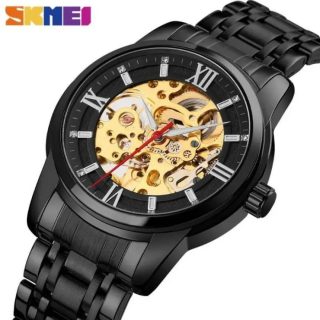 SKMEI 9222 Men’s Business Skeleton Hollow Mechanical Automatic Stainless Steel Wristwatch -Black/Gold
