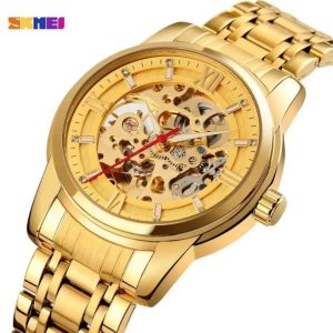 SKMEI 9222 Men’s Business Skeleton Hollow Mechanical Automatic Stainless Steel Wristwatch -Full Gold