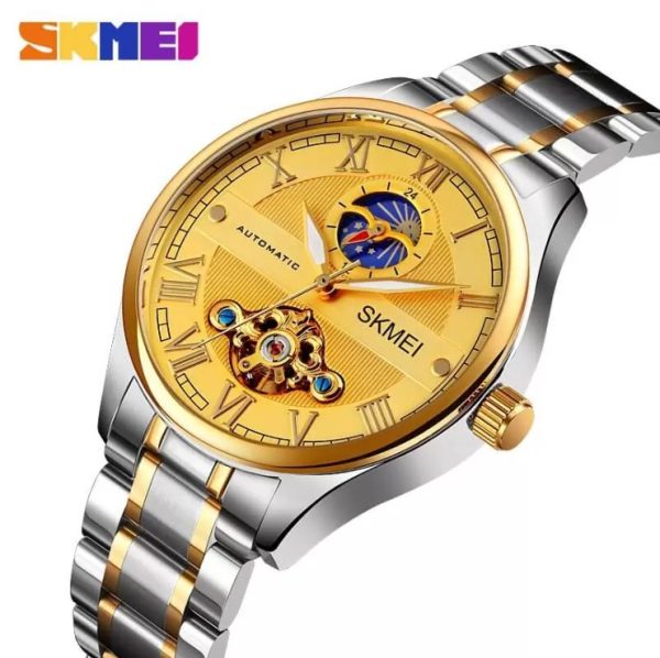 SKMEI M024 Fashionable Automatic Moon Phase Mechanical Roman Numeric Index Luminous Stainless Steel Men’s Watch – Gold/ Silver