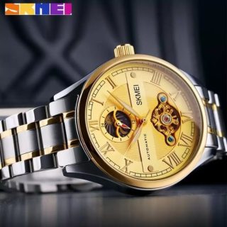 SKMEI M024 Fashionable Automatic Moon Phase Mechanical Roman Numeric Index Luminous Stainless Steel Men’s Watch – Gold/ Silver