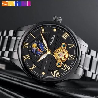 SKMEI M024 Fashionable Automatic Moon Phase Mechanical Roman Numeric Index Luminous Stainless Steel Men’s Watch – Black