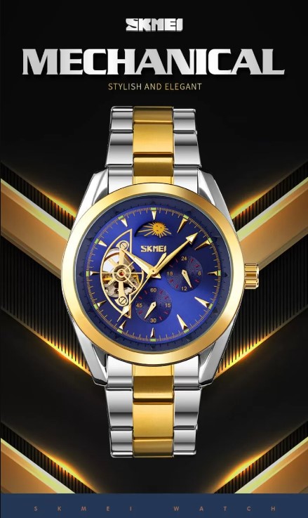 SKMEI 9237 Luxury Automatic Moon Phase Mechanical Stainless Steel Quartz Watch For Men – Golden/Blue