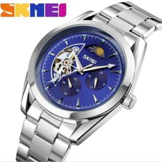SKMEI 9237 Luxury Automatic Moon Phase Mechanical Stainless Steel Quartz Watch For Men – Silver/Blue