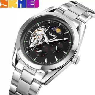 SKMEI 9237 Luxury Automatic Moon Phase Mechanical Stainless Steel Quartz Watch For Men – Silver/Black