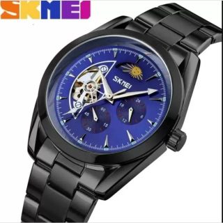 SKMEI 9237 Luxury Automatic Moon Phase Mechanical Stainless Steel Quartz Watch For Men – Black/Blue