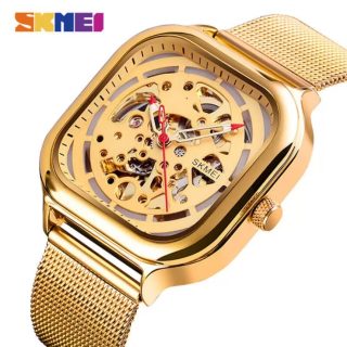 Skmei 9184 Men’s Automatic Mechanical Square Dial Fashion Stainless Steel Mesh Watch – Golden