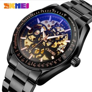 SKMEI 9194 Automatic Stainless Steel Luminous Hollow Mechanical Wristwatch For Men – Black