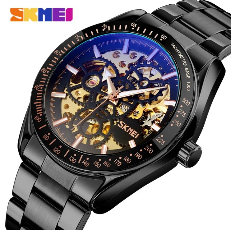 SKMEI 9194 Automatic Stainless Steel Luminous Hollow Mechanical Wristwatch For Men – Black