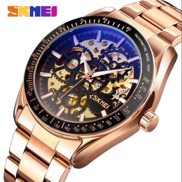 SKMEI 9194 Automatic Stainless Steel Luminous Hollow Mechanical Wristwatch For Men – RoseGold