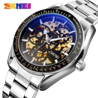 SKMEI 9194 Automatic Stainless Steel Luminous Hollow Mechanical Wristwatch For Men – Silver