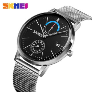 SKMEI 9182 Simple Elegant Men Watch Day Date Function Thin Round Dial Mesh Stainless Steel - Silver/Black