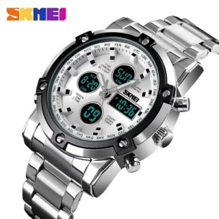 SKMEI 1389 Multi-Functional Business Analog/Digital Large Dial Stainless Steel Watch for Men-Silver