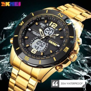 SKMEI 1670 Men's Double Movement Chronograph Waterproof Stainless Steel Multifunction Watch - Golden