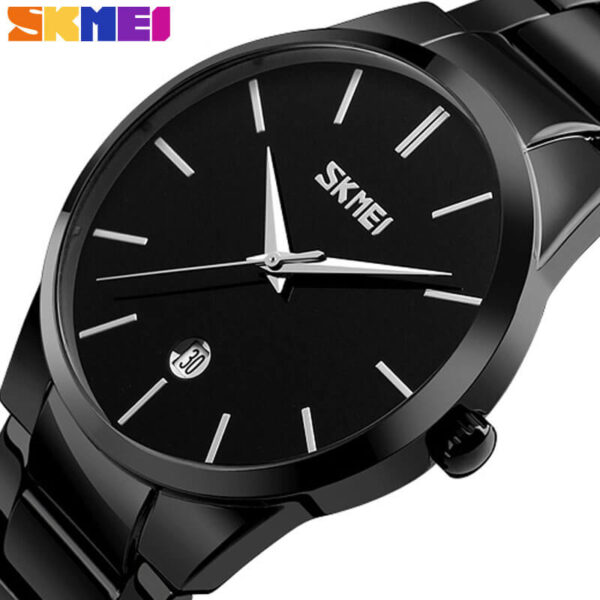 SKMEI 9140 Men's Business Stainless Steel Date Display Ultra Thin Quartz Watch - Black