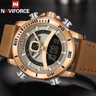 NAVIFORCE NF9181 Dual Time Luxury Series Digital Analog Function Leather Watch For Men - Brown/RoseGold