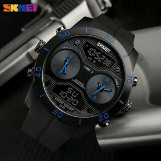 SKMEI 1355 Men's Chronograph Multifunction 3Time Display Analog Digital PU Strap Watch - Black/Blue