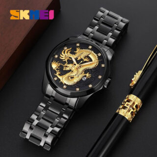 SKMEI 9193 Dragon Quartz Luxury Stainless Steel Alloy Business Waterproof Wristwatches For Men - Black