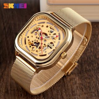 Skmei 9184 Men's Watch Automatic Mechanical Square Dial Fashion Stainless Steel Mesh - Golden