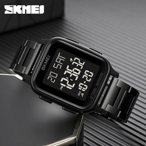 SKMEI 1859 Men's Luxury Stainless Steel Chrono Countdown LED Light Digital Waterproof Watch - Black