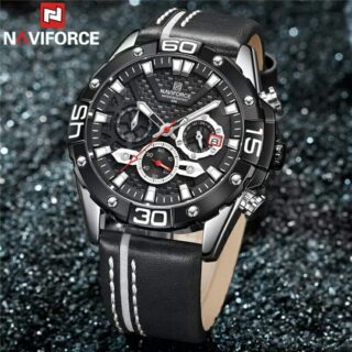 NAVIFORCE NF8019 Men's Multifunction Luminous Chronograph Leather Strap Quartz Watch - Black