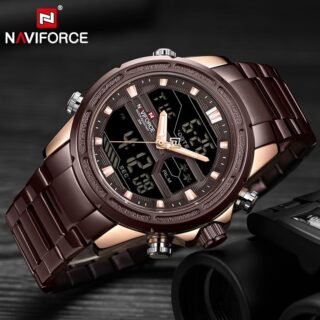 NAVIFORCE NF9138 Digital Analog Dual Movement Stainless Steel Watch-Coffee/RoseGold