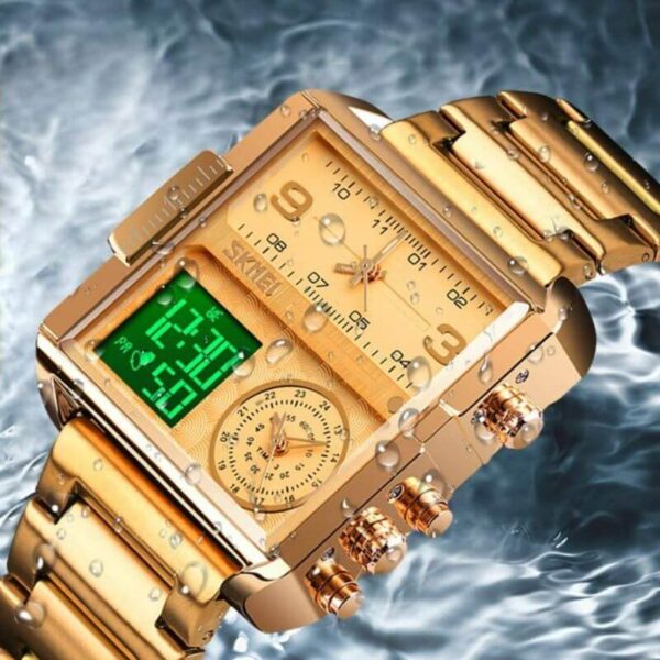 SKMEI 1584 Men's Multifunction Square Dial Digital Analog LED Chronograph Stainless Steel Wristwatch - Golden