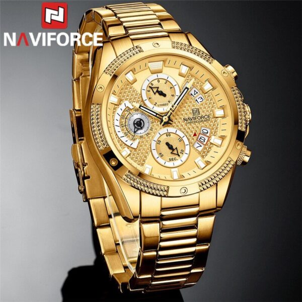 NaviForce NF8021 Men's Multifunction Date Display Stainless Steel With Luminous Hands Chronograph Watch - Golden