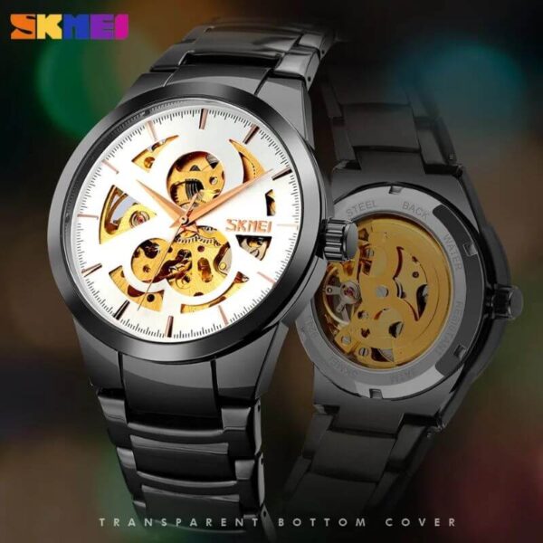 SKMEI 9243 Casual Men's Automatic Mechanical Fashion Hollow Dial Stainless Steel Strap Watch - Black/White