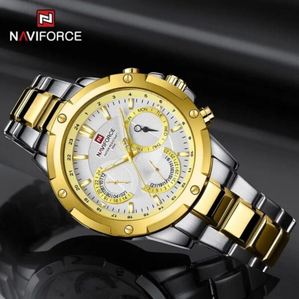 NAVIFORCE NF9196 Men Watch Stainless Steel Chronograph Complete Calendar Quartz -Golden/Silver