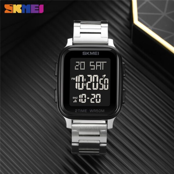 SKMEI 1859 Men's Luxury Stainless Steel Chrono Countdown LED Light Digital Waterproof Watch - Silver