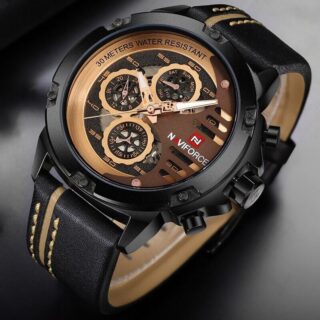 NAVIFORCE NF9110 Luxury Chronograph Analog Quartz Leather Casual Watch For Men - Golden/Black