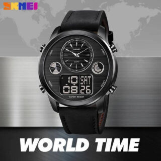 SKMEI 1653 Men Watch World Time Dual Display Movement LED Electronic Multifunction Leather Strap - Black