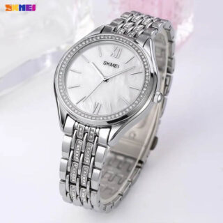 SKMEI 1970 Women's Elegant Fashion Innovative Crystal Diamond Surrounded Stainless Steel Quartz Watch - Silver