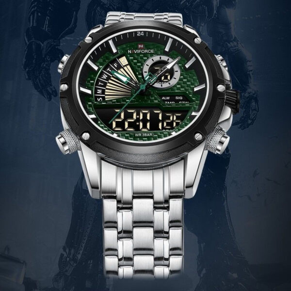 NaviForce NF9205 Luxury Dual Display Men Luminous Stainless Steel Watch - Green/Silver