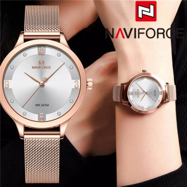 NaviForce NF5023 Women's Fashion Glittery Dial Shine Stainless Steel Mesh Quartz Wristwatch - RoseGold/White