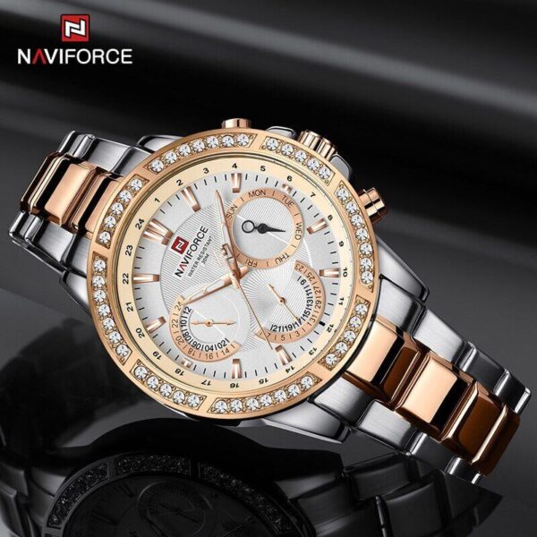 NAVIFORCE NF9196 Men's Quartz Stainless Steel Diamond Chronograph Complete Calendar Wristwatch - Silver/Rosegold