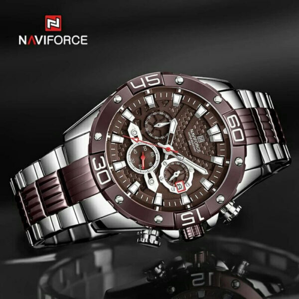 NAVIFORCE NF8019 Men's Stainless Steel Multifunction Luminous Chronograph Quartz Watch - Silver/Coffee