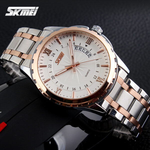 SKMEI 9069 Men Watch Business Quartz Stainless Steel Roman Numeral Index Date Display - Silver/RoseGold